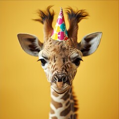 Wall Mural - baby giraffe with birthday hat generative ai
