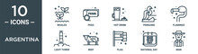 Argentina Outline Icon Set Includes Thin Line Whales, Peso, Hot Drink, Penguins, Flamingo, Light Tower, Beef Icons For Report, Presentation, Diagram, Web Design