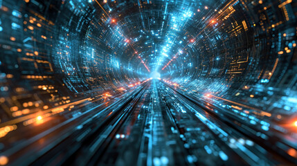 Wall Mural - digital virtual tunnel in cyberspace, perspective view of abstract futuristic corridor, cyber data a