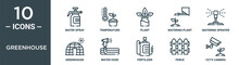 greenhouse outline icon set includes thin line water spray, temperature, plant, watering plant, watering sprayer, greenhouse, water hose icons for report, presentation, diagram, web design