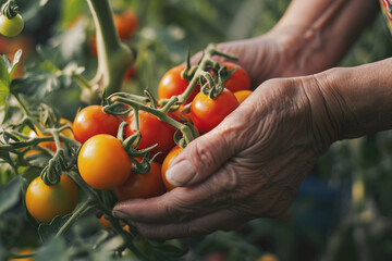 Wall Mural - Close-up of mature male hands picking organic fresh tomatoes in harvest area