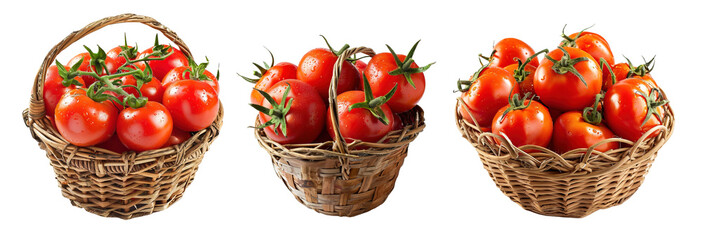 Wall Mural - Gourmet organic tomatoes on wicker baskets over isolated transparent background