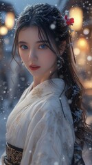 Wall Mural - A woman with long dark hair and striking blue eyes, dressed in a traditional Japanese white kimono, snowy evening at a quiet village. The character's pose and expression are poised and serene