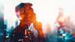 Silhouette of man looking pensive with double exposure effect with city landscape as background