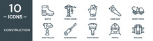 Construction Outline Icon Set Includes Thin Line Boots, Tower Crane, Gloves, Hand Saw, Mixer Truck, Paint Roller, Screwdriver Icons For Report, Presentation, Diagram, Web Design
