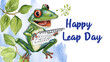Leap day, one extra day, Leap year 29 February 2024 watercolor illustration. Cute Green Frog with calendar and text Happy Leap Day.