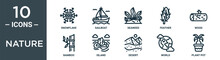 Nature Outline Icon Set Includes Thin Line Snowflake, Sailboat, Seaweed, Feather, Wood, Bamboo, Island Icons For Report, Presentation, Diagram, Web Design
