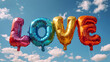 LOVE from air balloons   on blue sky background