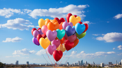 Poster - Heart from air balloons  on blue sky and city  background 