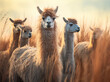 Gruppe von Lamas in einem Feld, Ein helles Lama mit neugierigem Blick