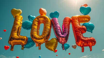 Aufkleber - LOVE from air balloons  with confetti on blue sky background with sunlight