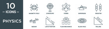 Physics Outline Icon Set Includes Thin Line Magnetic Field, Gyroscope, Power, Dispersion, Resistor, Seesaw, Law Of Motion Icons For Report, Presentation, Diagram, Web Design