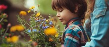 Little Boy Standing With Hidden Flowers Surprises His Mother.