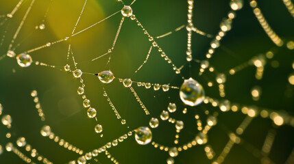 A macro shot of dewdrops on spider silk, creating a natural abstract pattern