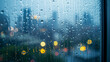 Raindrops sliding down a windowpane with a blurred cityscape in the background