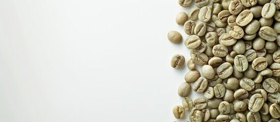 Wall Mural - White studio background showcases green, unroasted Arabica coffee beans.