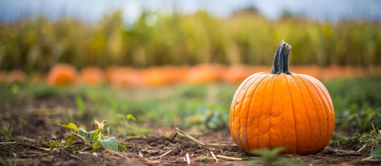 Sticker - An upright pumpkin in a farm pumpkin patch with blurry pumpkins and a row of corn in the background.