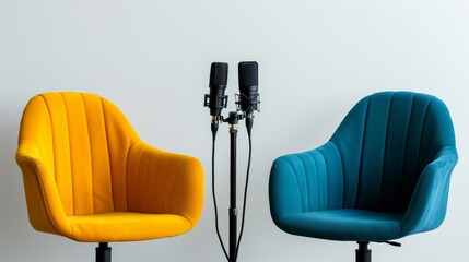 Podcast or interview setup two chairs and microphones in a podcast or interview room.