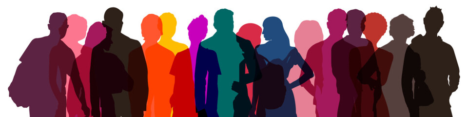 multicolored transparent silhouettes of men and women, a group of standing business people. isolated