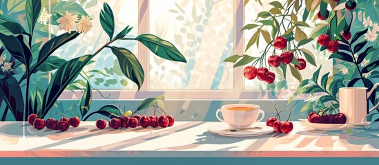 Wall Mural - Table items, remote work, tea and cherries are flatley.