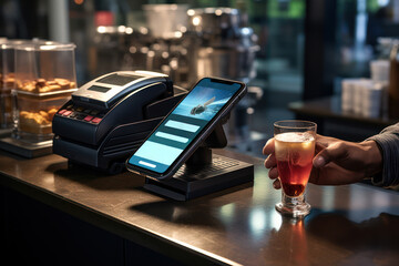 Poster - An illustration of a person tapping their smartphone on an NFC-enabled terminal at a coffee stand, emphasizing the simplicity and speed of electronic transactions in daily purchases.  Generative Ai.