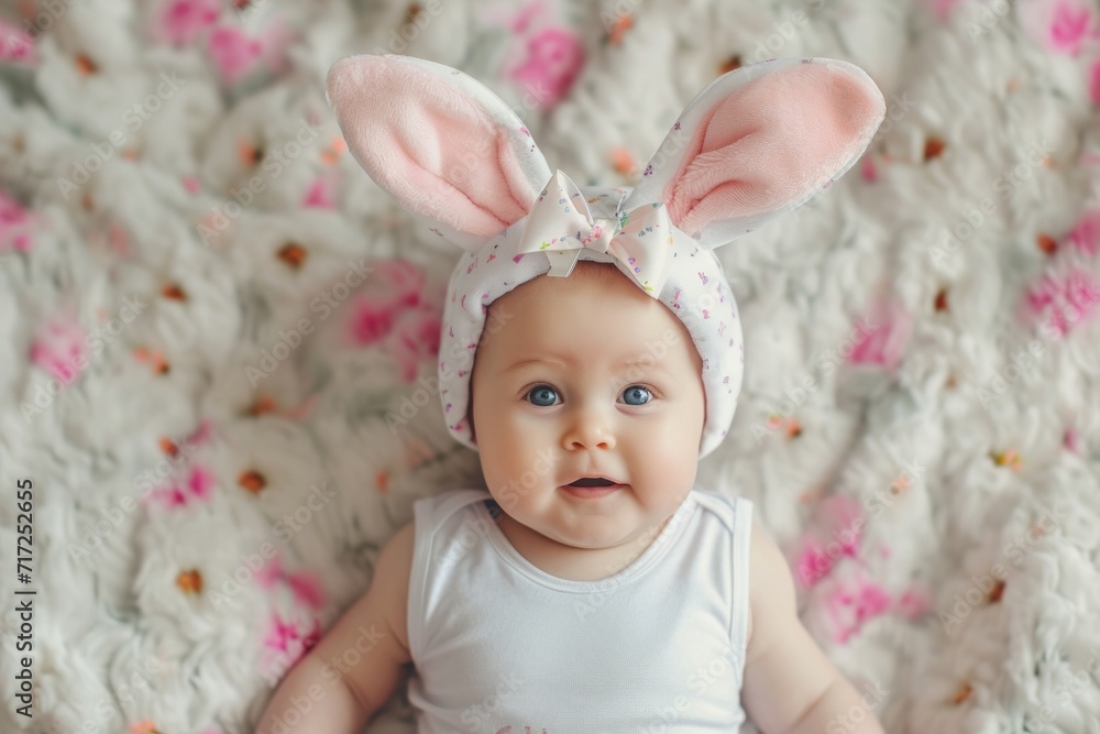 Stock-Foto „Baby mit Osterhasen Ohren als Mütze. Kleinkind zum ...