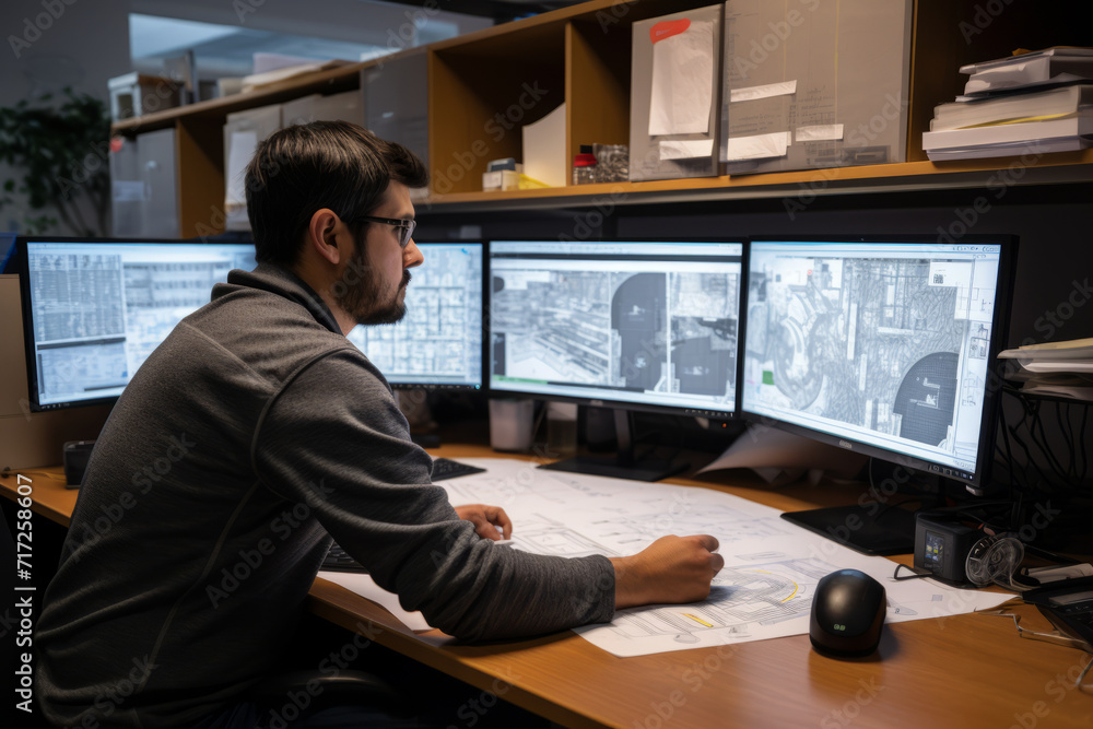 A dedicated CAD Technician engrossed in his work, surrounded by ...