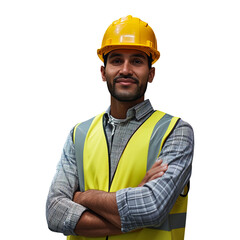 Wall Mural - Portrait of a construction worker. Male builder in a helmet. Warehouse worker in uniform on the blurred background. Created using AI generation