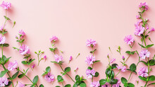 A Scattering Of Pink Periwinkle Flowers Along The Border Of A Blush-toned Backdrop, Valentine's Day, Flat Lay, Top View, With Copy Space