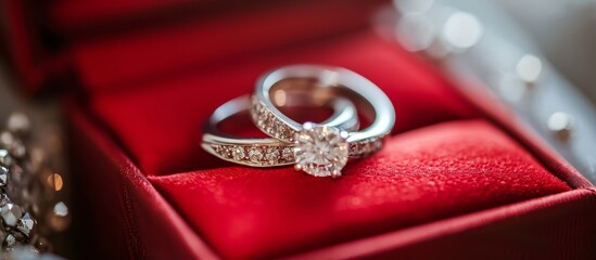 Canvas Print - Red box contains close-up diamond wedding rings of a couple.