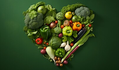 Sticker - Heart shape made of fresh vegetables on green background. Healthy food concept.