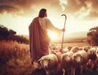 religion Jesus and the sheep on a meadow pasture at sunset