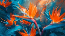 Exotic Bird Of Paradise Flowers In A Dynamic Mix Of Orange And Blue Hues Generative Ai