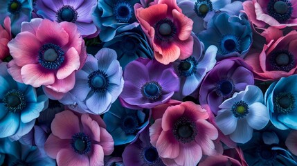 Wall Mural - Exotic tropical anemone flowers with a vibrant mix of blues and purples generative ai