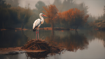 Wall Mural - A stork sitting on a nest of branches on a river. or marshland. Trees turning yellow are in the background.