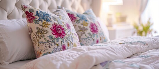 Wall Mural - Decorative elements and fabric patterns on a white pillow and bed.