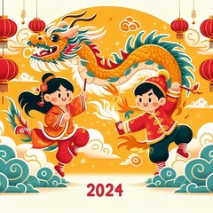 Wall Mural - 2024 Chinese New Year, year of the Dragon template design with boy and girl performing dragon dance created with generative ai