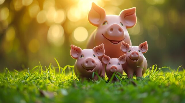 piggy bank family with parent and baby pigs generative ai