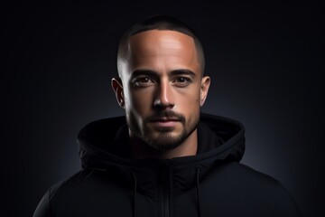 Portrait of a handsome young man in black hoodie on dark background.