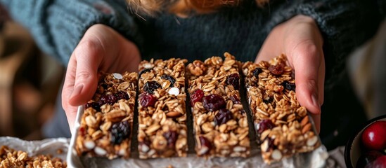 Poster - Woman consumes a variety of homemade granola bars packed with protein, nuts, raisins, dried cherries, and chocolate as a healthy, gluten-free snack option.