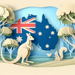 australia flag with kangaroo and squirrel with a happy smile in a forest, in Vector Design Illustration for Background space for copy 26 january celebration created with generative ai	