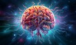Digital illustration of  brain in colour  background  with light effects