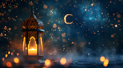 Wall Mural - Ramadan lantern with beautiful night background decorated with stars and crescent moon