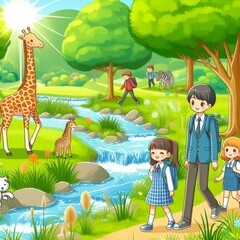 A family is hiking in mountains and grass with juniper trees in sunny weather, and they have a white polar bear and a horse, and there are also flowing rivers.





