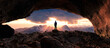 Adventurous Man Hiker standing in a cave. Mountains in background. Adventure Composite 3d Rendering