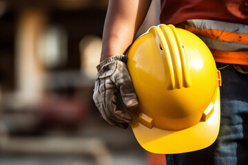 builders helmet, Safety workwear concept, safety helmet, Male hand holding, construction helmet, copy space