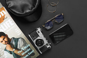 Sticker - Composition with stylish female accessories, magazine and gadgets on dark background