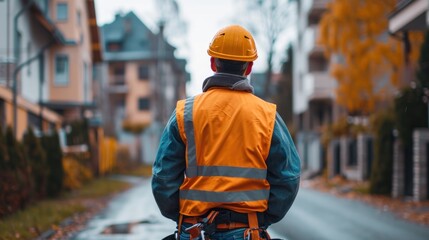 construction engineer standing with his back and watches at a house building construction.