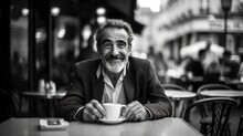 A Timeless Black And White Image Of A Middle Aged Man Sitting In A Parisian Cafe Drinking A Cup Of Coffee. Man Enjoying A Coffee In Paris.