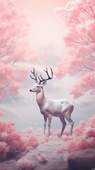 White albino deer in profile with black antlers, in a fantastic dreamlike landscape with pink trees and shrubs in the background. Imaginative and creative light wallpaper